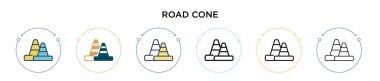 Yol konisi simgesi doldurulmuş, ince çizgi, özet ve vuruş stili. Mobil, ui, web için iki renkli ve siyah yol koni vektör simgesi tasarımı vektör illüstrasyonu kullanılabilir