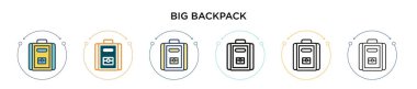 Büyük bir sırt çantası simgesi, ince bir çizgi, özet ve vuruş stili. Mobil, ui, web için iki renkli ve siyah sırt çantası vektör ikonu tasarımı vektör illüstrasyonu kullanılabilir