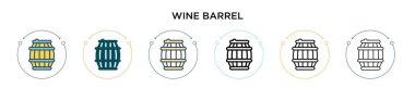 Şarap fıçısı ikonu, ince çizgi, ana hatlar ve vuruş stili. Mobil, ui, web için iki renkli ve siyah şarap varil ikonu tasarımı vektör illüstrasyonu kullanılabilir