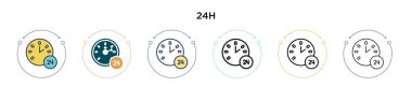 24 saat simgesi dolu, ince çizgi, özet ve vuruş stili. Mobil, ui, web için iki renkli ve siyah 24h vektör simgesinin vektör çizimi kullanılabilir