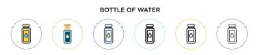 Bir şişe su ikonu, ince bir çizgi, ana hatlar ve vuruş stili. İki renkli ve siyah su vektör ikonu dizaynının vektör illüstrasyonu mobil, ui, web için kullanılabilir