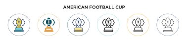 Amerikan futbol kupası ikonu. İnce çizgi, dış hatlar ve vuruş stili. Mobil, ui, web için iki renkli ve siyah Amerikan futbol kupası vektör ikonu tasarımı vektör illüstrasyonu kullanılabilir