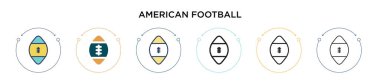 Amerikan futbol ikonu dolu, ince çizgi, özet ve vuruş stili. Mobil, ui, web için iki renkli ve siyah Amerikan futbol vektör ikonu tasarımı vektör illüstrasyonu kullanılabilir