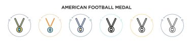 Amerikan futbol madalyası ikonu. İnce çizgi, özet ve vuruş stili. Mobil, ui, web için iki renkli ve siyah Amerikan futbol madalyası vektör ikonu tasarımı vektör illüstrasyonu kullanılabilir