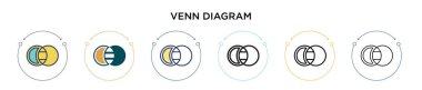 Venn diyagramı simgesi dolu, ince çizgi, özet ve çizgi şeklinde. Mobil, ui, web için iki renkli ve siyah venn diyagram vektör ikonu tasarımı vektör illüstrasyonu kullanılabilir