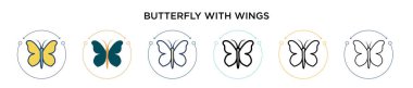 Kelebek, kanat ikonu ile doldurulmuş, ince çizgi, ana hatlar ve vuruş stili. Kanat vektör simgeleri olan iki renkli ve siyah kelebeğin vektör illüstrasyonu mobil, ui, web için kullanılabilir