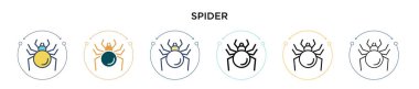 Örümcek ikonu doldurulmuş, ince çizgi, ana hatlar ve vuruş stili. Mobil, ui, web için iki renkli ve siyah örümcek vektör ikonu tasarımı vektör illüstrasyonu kullanılabilir