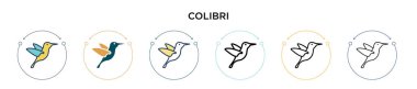 Colibri simgesi dolu, ince çizgi, özet ve vuruş stili. Mobil, ui, web için iki renkli ve siyah Colibri vektör simgesinin vektör çizimi kullanılabilir