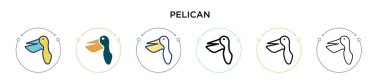 Dolu, ince çizgi halinde, ana hatlarıyla ve vuruş tarzıyla pelikan ikonu. Mobil, ui, web için iki renkli ve siyah pelikan vektör ikonu tasarımının vektör illüstrasyonu kullanılabilir