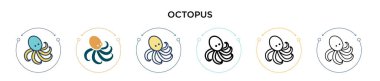 Ahtapot ikonu dolu, ince çizgi, ana hatlar ve vuruş stili. Mobil, ui, web için iki renkli ve siyah ahtapot vektör ikonu tasarımı vektör illüstrasyonu kullanılabilir
