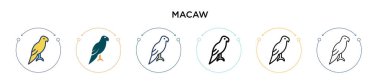 Macaw simgesi dolu, ince çizgi, özet ve vuruş stili. Mobil, ui, web için iki renkli ve siyah papağan vektör ikonu tasarımı vektör illüstrasyonu kullanılabilir