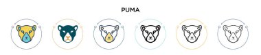 Puma simgesi doldurulmuş, ince çizgi, özet ve vuruş stili. Mobil, ui, web için iki renkli ve siyah puma vektör simgesinin vektör çizimi kullanılabilir