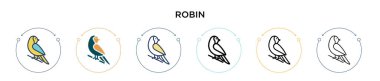 Robin ikonu dolu, ince çizgi, özet ve vuruş stili. Mobil, ui, web için iki renkli ve siyah Robin vektör ikonu tasarımı vektör illüstrasyonu kullanılabilir