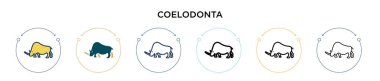 Coelodonta simgesi doldurulmuş, ince çizgi, ana hatlar ve vuruş stili. Mobil, ui, web için iki renkli ve siyah coelodonta vektör simgesinin vektör çizimi kullanılabilir