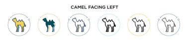 Deve sol ikona bakıyor. İnce çizgi, dış hatlar ve vuruş stili. Sol vektör simgelerine bakan iki renkli ve siyah devenin vektör illüstrasyonu mobil, ui, web için kullanılabilir