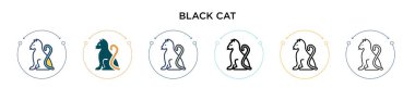 Siyah kedi simgesi, ince çizgi, özet ve vuruş stili. Mobil, ui, web için iki renkli ve siyah kedi vektör ikonu tasarımı vektör illüstrasyonu kullanılabilir