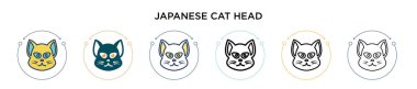 Japon kedi kafası ikonu, ince çizgi, özet ve vuruş stili. İki renkli ve siyah Japon kedisi baş vektör ikonu tasarımı mobil, ui, web için kullanılabilir