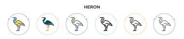 Heron simgesi doldurulmuş, ince çizgi, özet ve vuruş stili. Mobil, ui, web için iki renkli ve siyah balıkçıl vektör ikonu tasarımının vektör illüstrasyonu kullanılabilir