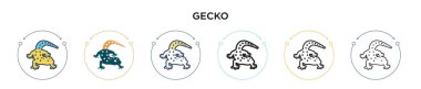 Gecko simgesi doldurulmuş, ince çizgi, özet ve vuruş stili. Mobil, ui, web için iki renkli ve siyah kertenkele vektör ikonu tasarımının vektör illüstrasyonu kullanılabilir
