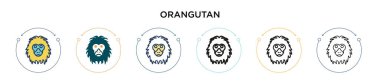 Orangutan simgesi doldurulmuş, ince çizgi, ana hatlar ve vuruş stili. Mobil, ui, web için iki renkli ve siyah orangutan vektör ikonu tasarımı vektör illüstrasyonu kullanılabilir