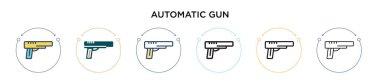 Otomatik silah ikonu dolu, ince çizgi, çizgi ve çizgi şeklinde. Mobil, ui, web için iki renkli ve siyah otomatik silah vektör ikonu tasarımı vektör illüstrasyonu kullanılabilir