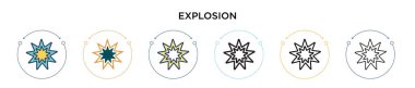 Patlama simgesi dolu, ince çizgi, ana hatlar ve vuruş stili. Mobil, ui, web için iki renkli ve siyah patlama vektör simgesi tasarımı vektör illüstrasyonu kullanılabilir