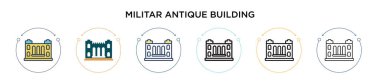 İnce çizgili, dış hatlı, çizgili ve inme stili askeri antika bina ikonu. Mobil, ui, web için iki renkli ve siyah militarik yapı vektör ikonu tasarımı vektör illüstrasyonu kullanılabilir