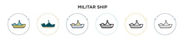 Askeri gemi simgesi dolu, ince çizgi, ana hatlar ve vuruş stili. Mobil, ui, web için iki renkli ve siyah askeri vektör ikonlarının vektör çizimi kullanılabilir