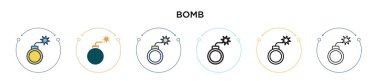 Bomba ikonu dolu, ince çizgi, özet ve vuruş stili. Mobil, ui, web için iki renkli ve siyah bomba vektör ikonu tasarımı vektör illüstrasyonu kullanılabilir
