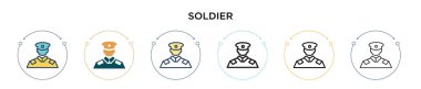Asker sembolü, ince çizgi, özet ve vuruş stili. Mobil, ui, web için iki renkli ve siyah asker vektör ikonu tasarımı vektör çizimi kullanılabilir