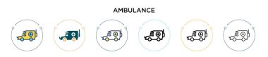 Ambülans simgesi doldurulmuş, ince çizgi, ana hatlar ve vuruş stili. Mobil, ui, web için iki renkli ve siyah ambulans vektör ikonu tasarımı vektör illüstrasyonu kullanılabilir
