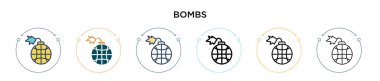 Bomba ikonu dolu, ince çizgi, özet ve vuruş stili. Mobil, ui, web için iki renkli ve siyah bomba vektör ikonu tasarımı vektör illüstrasyonu kullanılabilir