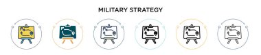 Askeri strateji ikonu. İnce çizgi, özet ve vuruş stili. İki renkli ve siyah askeri strateji vektör ikonu tasarımı mobil, ui, web için kullanılabilir