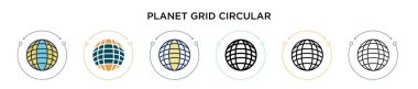 Gezegen ızgarası dairesel sembol simgesi dolu, ince çizgi, ana hat ve çizgi şeklinde. İki renkli ve siyah gezegen ızgarasının vektör illüstrasyonu dairesel sembol ikonu tasarımları taşınabilir için kullanılabilir, 