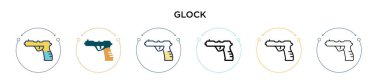 Glock simgesi doldurulmuş, ince çizgi, özet ve vuruş stili. Mobil, ui, web için iki renkli ve siyah Glock vektör ikonu tasarımı vektör illüstrasyonu kullanılabilir