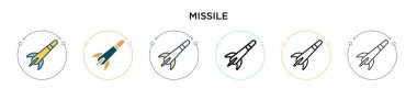 Füze ikonu doldurulmuş, ince çizgi, ana hatlar ve vuruş stili. Mobil, ui, web için iki renkli ve siyah füze vektör ikonu tasarımı vektör illüstrasyonu kullanılabilir