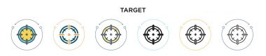 Hedef simgesi doldurulmuş, ince çizgi, özet ve vuruş stili. Mobil, ui, web için iki renkli ve siyah hedef vektör ikonu tasarımı vektör illüstrasyonu kullanılabilir