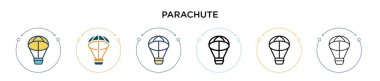 Paraşüt simgesi dolu, ince çizgi, dış hat ve vuruş stili. Mobil, ui, web için iki renkli ve siyah paraşüt vektör simgesinin vektör çizimi kullanılabilir