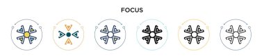 Dolu, ince çizgi, özet ve vuruş tarzında odaklan. Mobil, ui, web için iki renkli ve siyah odak vektör ikonu tasarımının vektör illüstrasyonu kullanılabilir