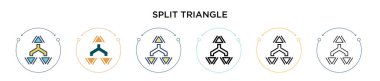 Üçgen simgesini ince çizgi, çizgi ve çizgi şeklinde ayır. Mobil, ui, web için iki renkli ve siyah bölünmüş üçgen vektör ikonu tasarımı vektör illüstrasyonu kullanılabilir