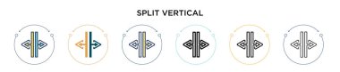 Dikey simgeyi doldurulmuş, ince çizgi halinde, ana hatlarıyla ve vuruş tarzıyla ayır. Mobil, ui, web için iki renkli ve siyah bölünmüş dikey vektör ikonu tasarımı vektör illüstrasyonu kullanılabilir