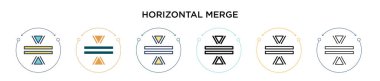 Yatay birleştirme simgesi doldurulmuş, ince çizgi, özet ve çizgi şeklinde. Mobil, ui, web için iki renkli ve siyah yatay vektör ikonlarının vektör çizimi kullanılabilir