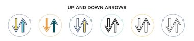 Yukarı ve aşağı ok simgesi dolu, ince çizgi, ana hatlar ve vuruş stili. İki renkli ve siyah ok vektör ikonu tasarımı mobil, ui, web için kullanılabilir