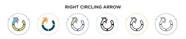 Sağ daire çizen ok simgesi dolu, ince çizgi, özet ve vuruş stili. İki renkli ve siyah sağ daire çizen ok vektör simgesi tasarımı mobil, ui, web için kullanılabilir