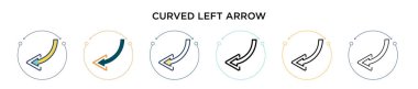 Kavisli sol ok simgesi dolu, ince çizgi, özet ve vuruş stili. Mobil, ui, web için iki renkli ve siyah eğimli sol ok vektör ikonu tasarımı vektör illüstrasyonu kullanılabilir