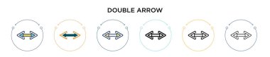Çift ok ikonu doldurulmuş, ince çizgi, özet ve vuruş stili. Mobil, ui, web için iki renkli ve siyah çift ok vektör ikonu tasarımının vektör illüstrasyonu kullanılabilir