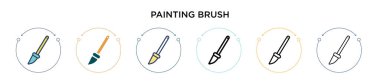 Fırça ikonunu doldurulmuş, ince çizgi halinde, ana hatlarıyla ve vuruş tarzıyla boyamak. Mobil, ui, web için iki renkli ve siyah fırça vektör ikonu tasarımı vektör illüstrasyonu kullanılabilir