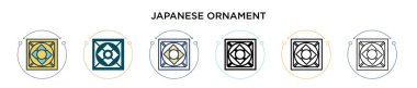 Japon süs ikonu dolu, ince çizgi, özet ve vuruş stili. İki renkli ve siyah Japon süsleme vektör ikonu tasarımı mobil, ui, web için kullanılabilir