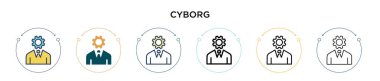 Cyborg simgesi doldurulmuş, ince çizgi, ana hatlar ve vuruş stili. Mobil, ui, web için iki renkli ve siyah cyborg vektör ikonu tasarımı vektör illüstrasyonu kullanılabilir