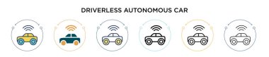 Sürücüsüz otonom araba simgesi dolu, ince çizgi, ana hatlar ve vuruş stili. Mobil, ui için iki renkli ve siyah sürücüsüz otonom araba vektör ikonlarının vektör illüstrasyonu kullanılabilir, 